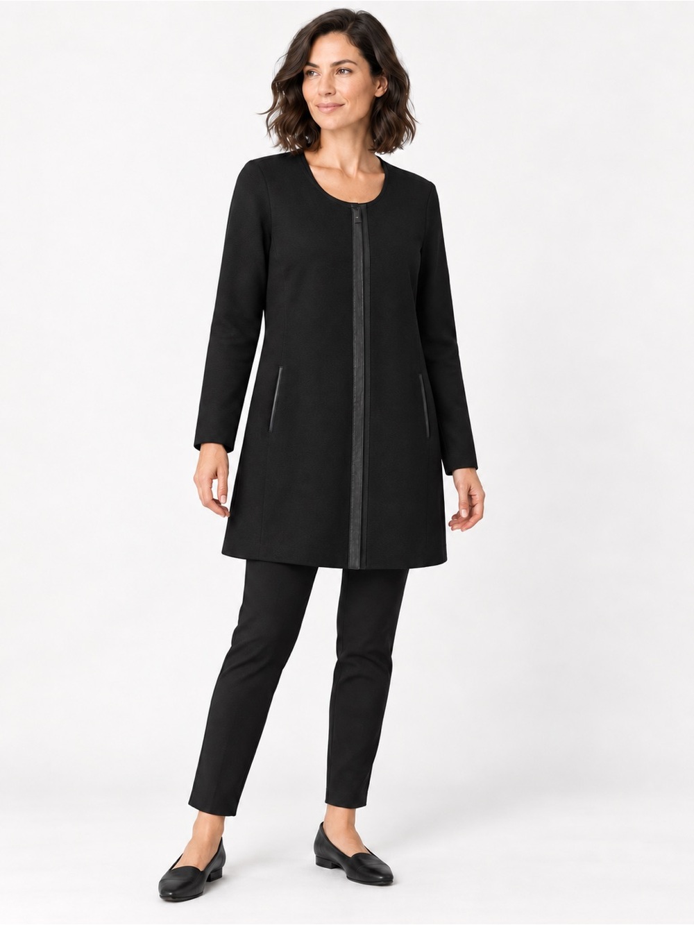 Eileen Fisher Black Silk Blend Zip Front Jacket with Leather Trim | M